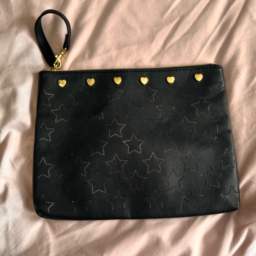 Betsy Johnson Black and Gold Star-Patterned Clutch